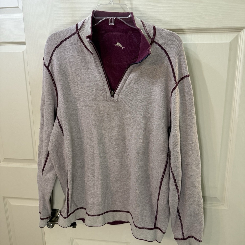 Tommy Bahama Sweater Mens Large Preppy‎ Logo Plum Gray 1/4 Zip Reversible